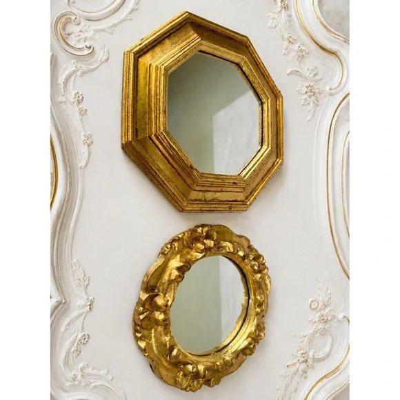 Vintage Italian Florentine Gold Gilt Wall Mirrors 2PC Set Octagon Baroque 7
