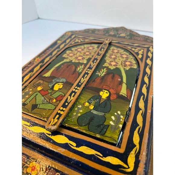 Vintage Hand Painted Wood Jharokha Mirror Folk Art Shutters Navy Blue Gold