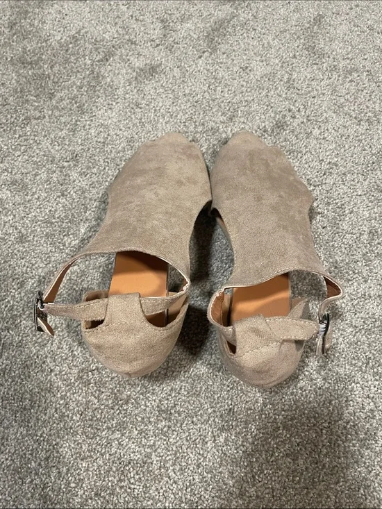 Amazon Taupe Suede Open-Toe Wedge Sandals