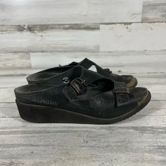 Mephisto Women's Sandals Mid Heel Slip On Buckle Leather Strap Black Size‎ 9