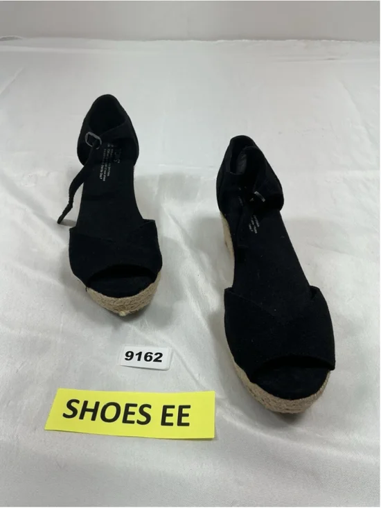 Womans Tom’s Espadrille Wedge Sandals Size 8.5 W Black Peep Toe