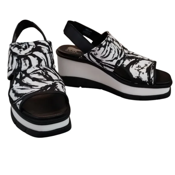 Sorel Black and White Patterned Wedge Sandals Size 8.5