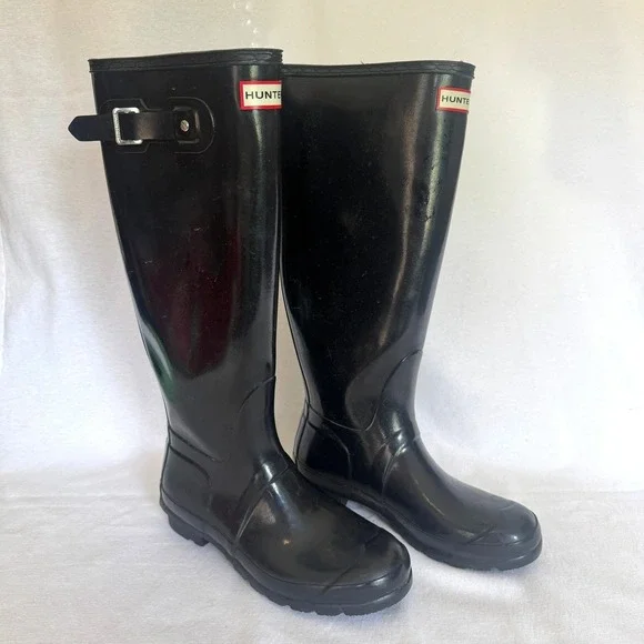 Hunter Original‎ Tall Rain Boots Size 8 Black Gloss Natural Rubber