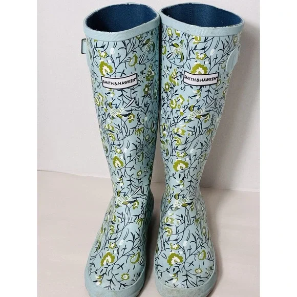 Smith & Hawken Women's Floral Rain Muck Boots Size 7 Blue Outdoor Farm Pull On