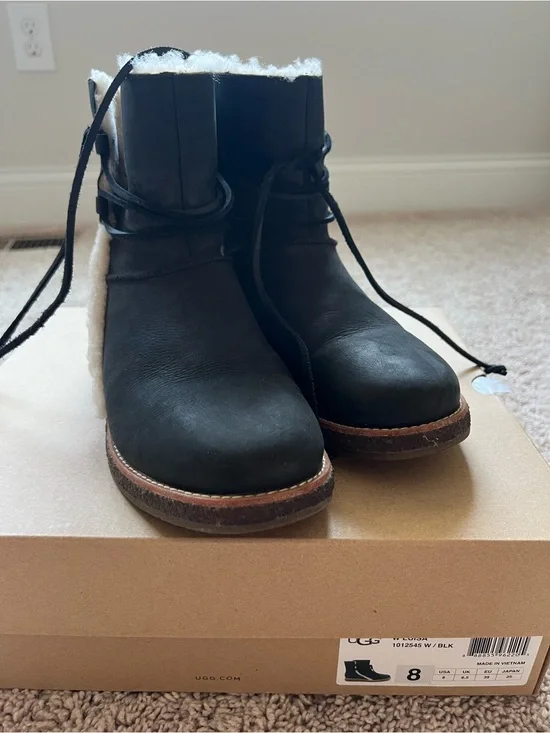 UGG Luisa Black Shearling-Trim Tie Boots