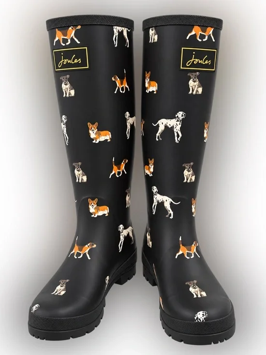Joules Black Dog Print Tall Rain Boots Wellies EU 38 US 7.5/8