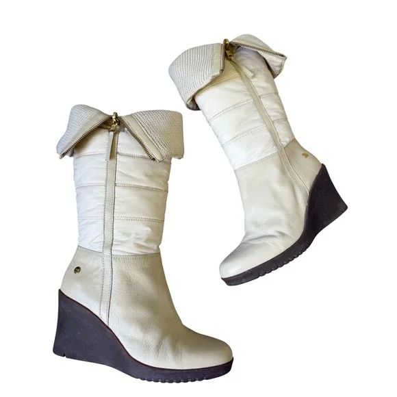 UGG Australia Wedge Boots Foldover Quilted Leather Sheepskin Cream Womens‎ 9