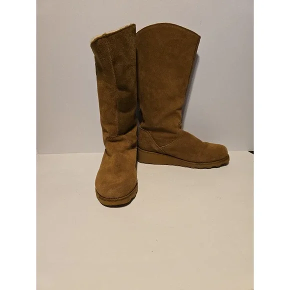 Bearpaw Women Hickory Brown Suede Tall Winter Boots Buckle Detail Wedge Sole‎ 8
