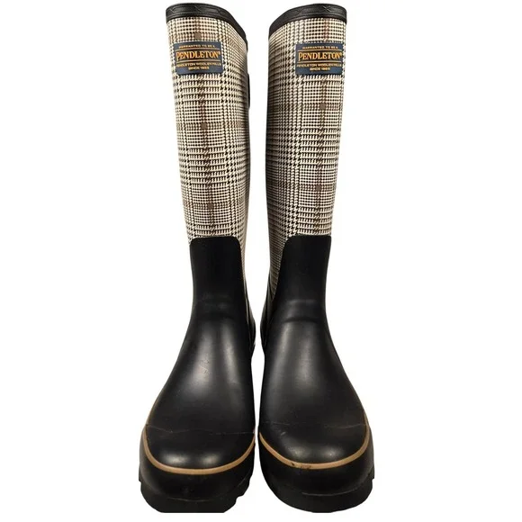 Pendleton Women Black Glen Plaid Tall Rubber Rain Boots Waterproof Lug Sole 8