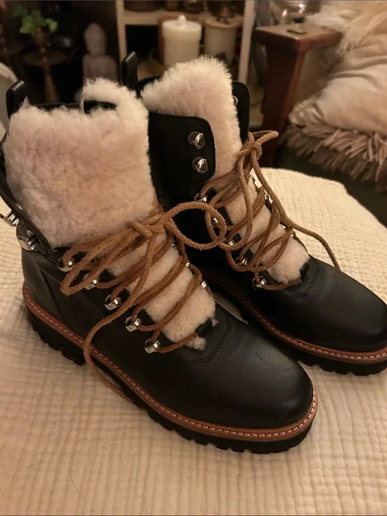 Marc Fisher Black Leather Lace-Up Winter Boots with Cream Faux-Shearling