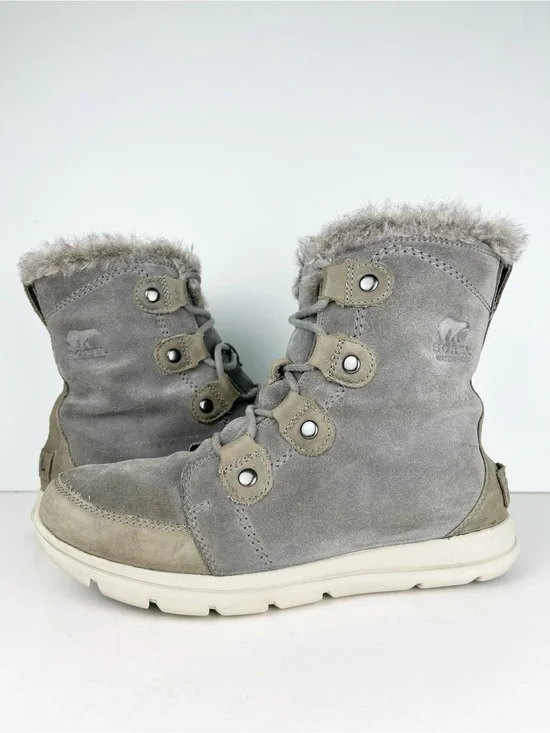 Sorel Explorer Joan Quarry Gray Suede Leather Lace Up Waterproof Ankle Boot