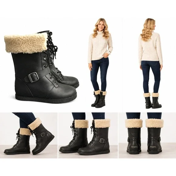 Koolaburra Boots Women 9 Gorpcore Leather Shearling Lined Lace‎ Up Side Zip Cozy