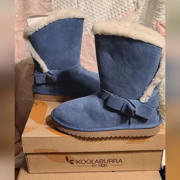 NEW UGG Koolaburra Shearling Sheepskin Bow Ribbon Blue Boots 6 And 10