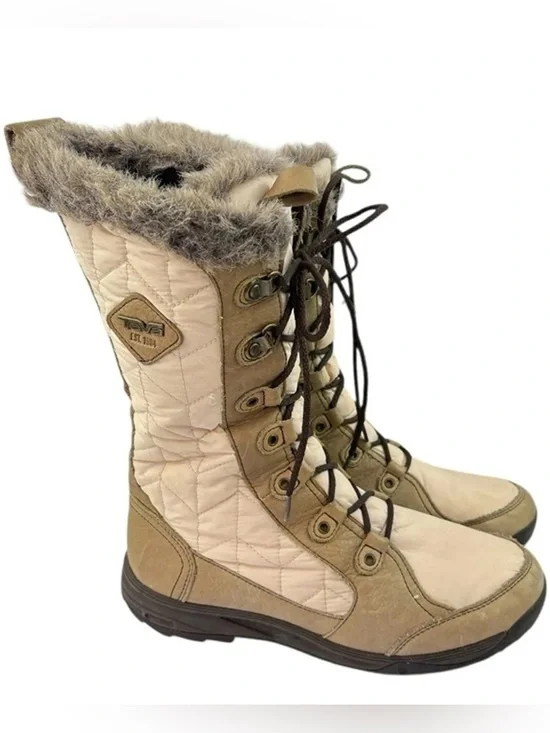 Teva Lenwee Tan and Cream Quilted Lace-Up Winter Boots with Faux Fur Cuff