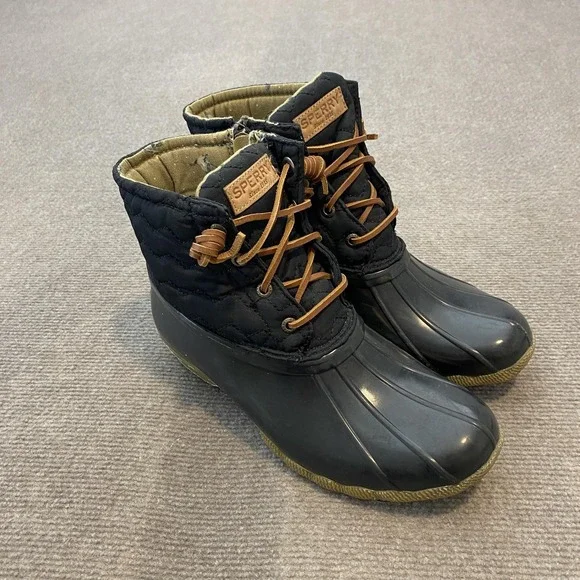 Sperry Duck Rain Boots Womens Size 7.5 Black Quilted Waterproof‎ Ankle STS84367
