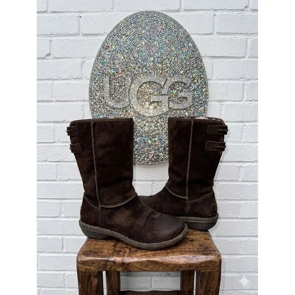 UGG Australia 🤎Amoret Brown Suede Shearling Buckle‎ Mid Calf Boots Womens 9