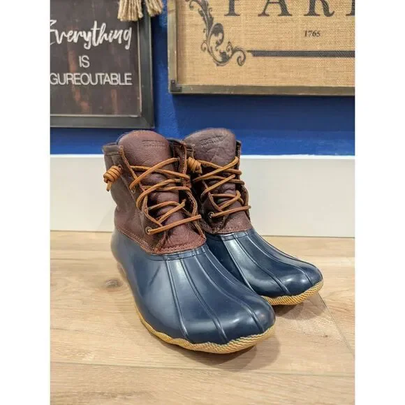 Sperry Duck Boots Women’s 9 Brown Leather & Navy Rubber Waterproof Rain Boots EU