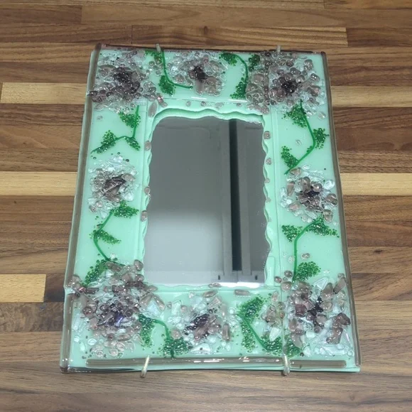 Artist made 8x10 fused glass mirror with hanger flowers green