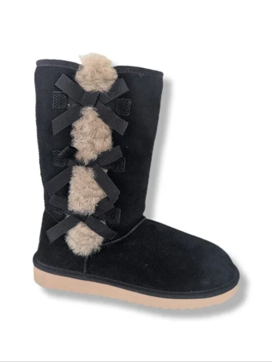 Koolaburra UGG Women's Victoria Black & Tan Bow Detail Tall Winter Boots