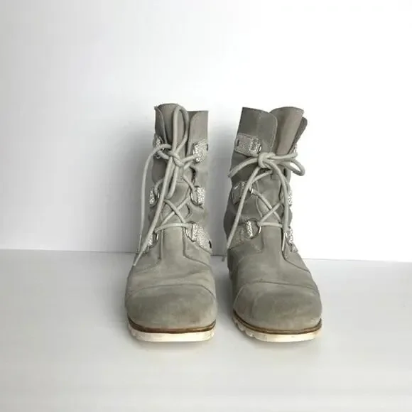 Sorel Wedge Boots Gray Suede Sz 9.5 Women Resort Ski Urban Luxe Winter Boho Cold