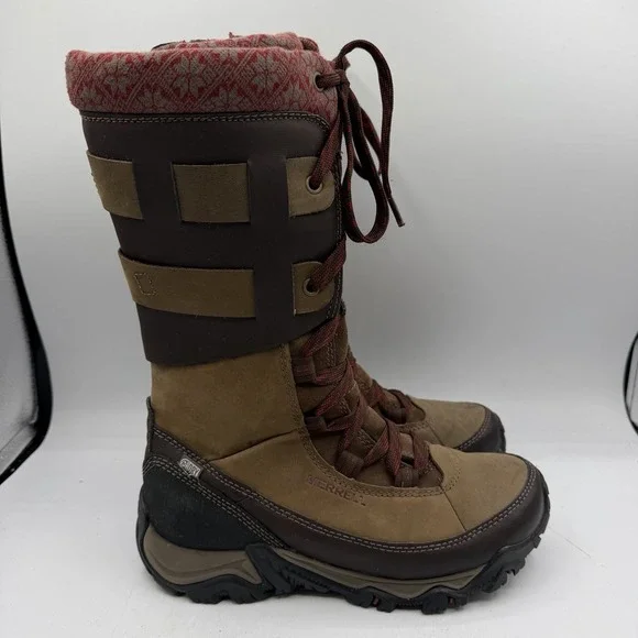 Merrell Polarand Rove Peak Winter Boots Women Sz 8 Brown Leather Waterproof Tall