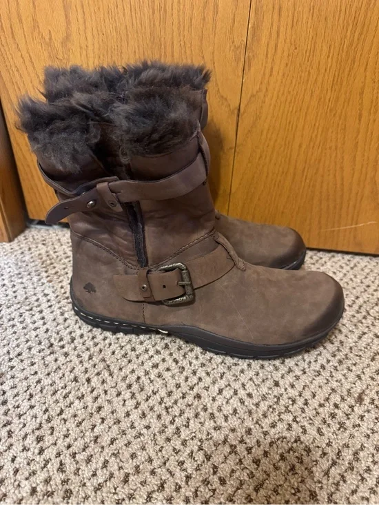Women's Brown Faux-Fur Buckle Winter Ankle Boots