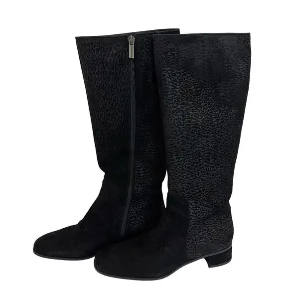 Aquatalia Weatherproof Tall Boots Black Suede Animal Print Block Heel Size 8.5