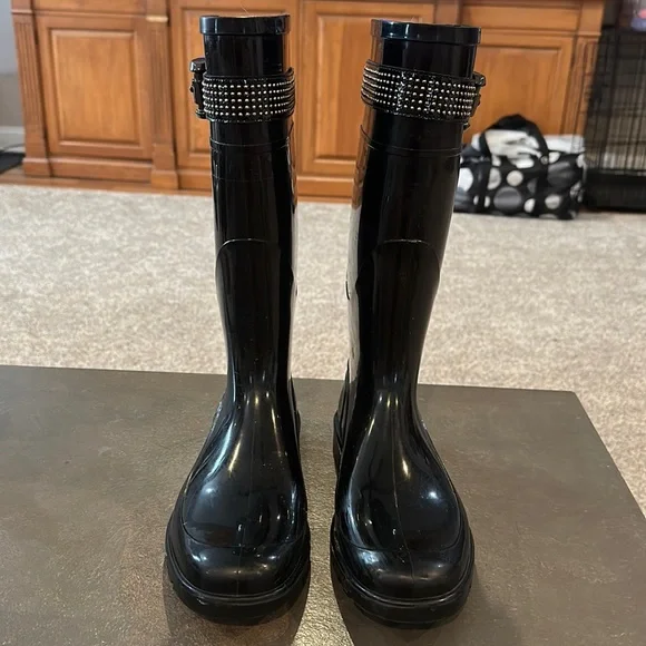 Burberry Black Patent Knee-High Rain Boots with Studded Strap Detail
