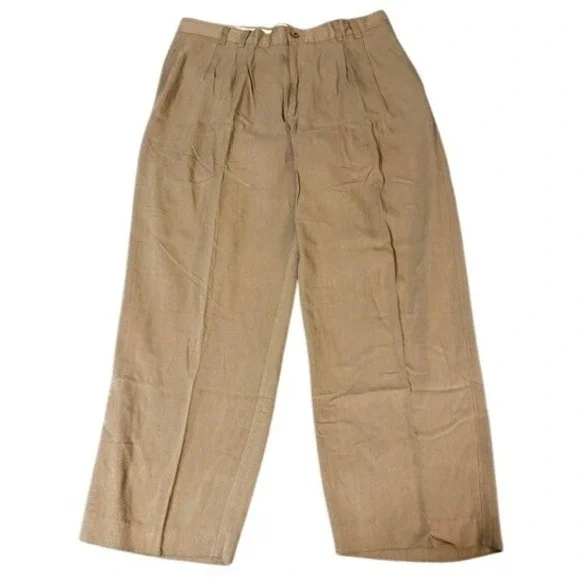 Joseph & Feiss Silk Herringbone Pleated Wide Leg Pants Mens Size 36 Tan EUC