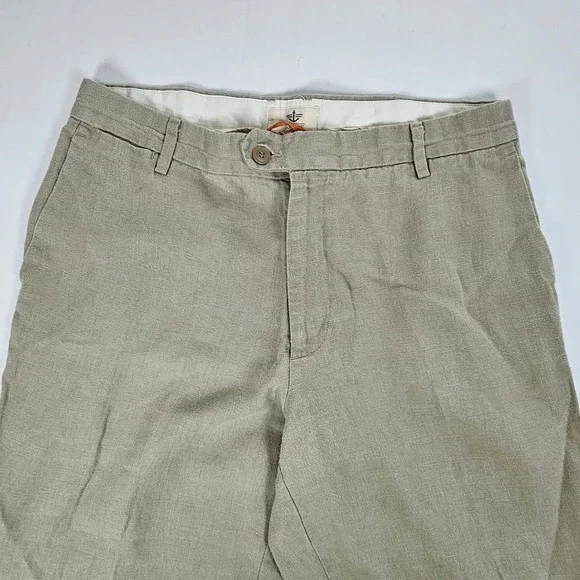 Dockers Mens 36x30 Khaki 100% Linen Flat Front Casual Trousers Pants Stone