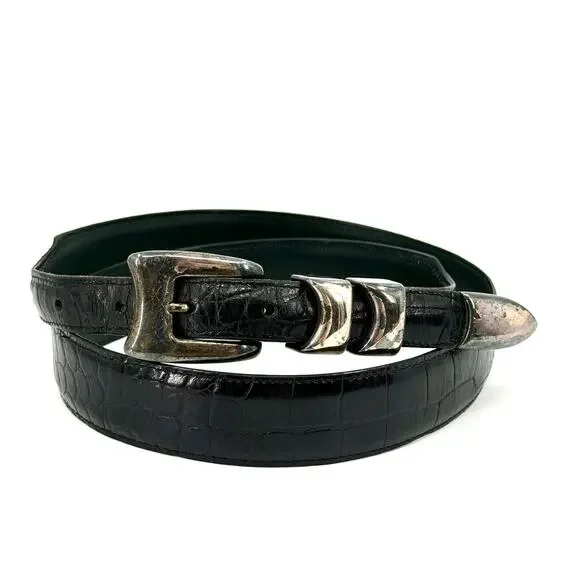 Vintage 90s Black Genuine Leather Croc Embossed Silver Tipped Belt