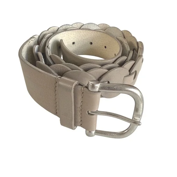 Vintage Wide Genuine‎ Leather Disc Link Belt Taupe Silver Buckle Boho Belt