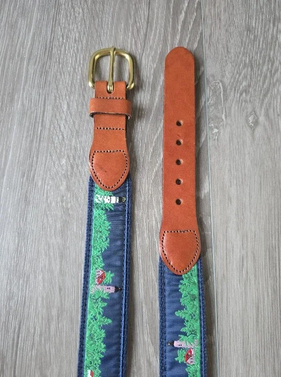 Leather Man Ltd Lighthouse Ribbon Belt Navy Canvas Brass Buckle USA Size 32