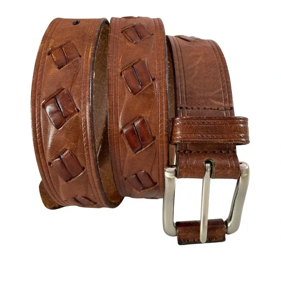Amanda Smith Brown Genuine Leather Belt Braided Woven Silver Tone Buckle‎ Size L