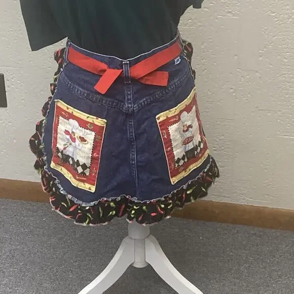Hand Made Lee Denim Apron Red Hot, Chili Peppers, Lace, Trim, Chef Pockets