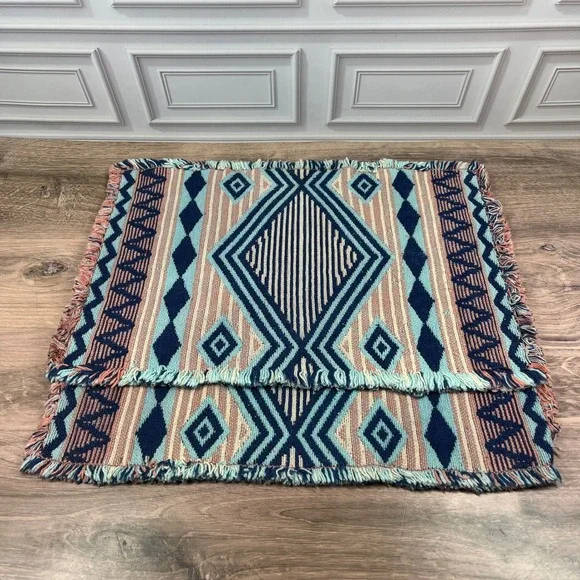 Southwestern Fringed Woven Placemats Set of 2 Blue Coral Geometric Reversable