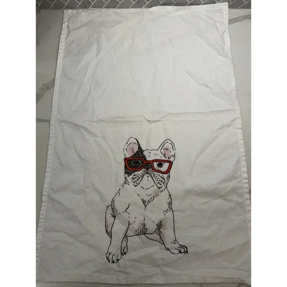 West Elm Tea Towel French Bulldog W Glasses 16x25 In Cute Dog Lover Kitchen