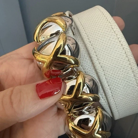 Vtg Alexis Kirk Snakeskin Leather Belt White Mixed Metal 