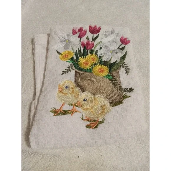 Embroidered‎ Kitchen Towel Chicks Floral Spring Easter Decor White