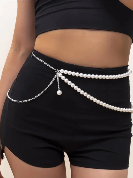 ✨ Y2K Layered Pearl Belly Chain • Coquette Aesthetic Silver Waist Chain Belt ✨