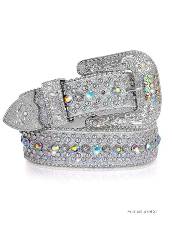 Western Rhinestone Crystal Studded Faux Leather Belt Luxury