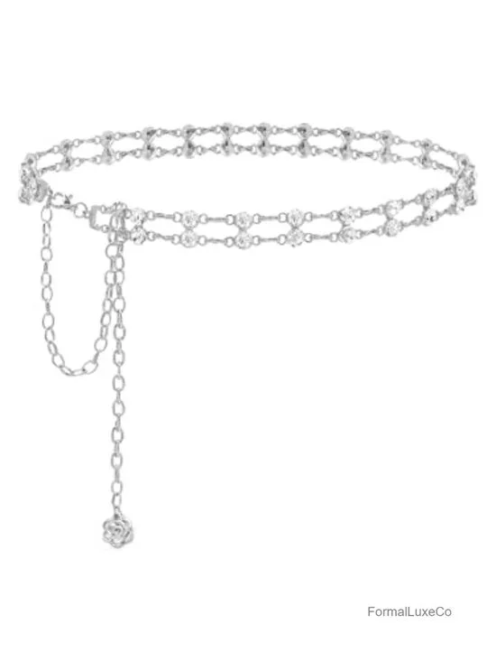 Women Rhinestone Crystal Waist Belt Dress Chain, Adjustable Metal Body Chain