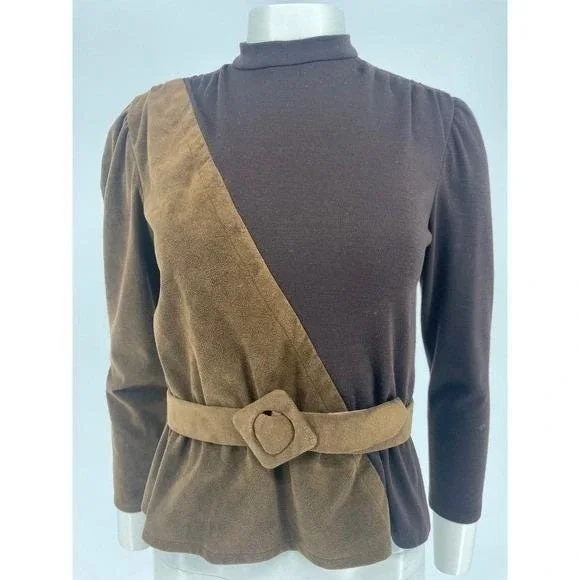 Vintage Brown Suede Peplum Top Blouse Women's S 70s 80s Belt AS IS