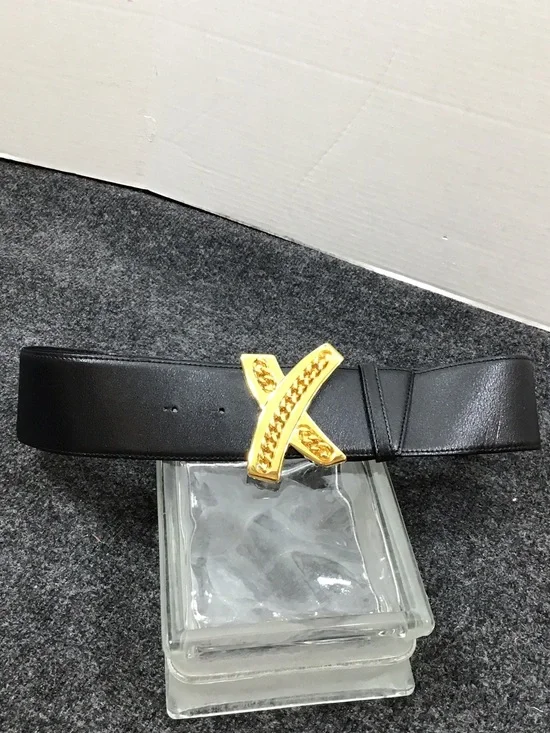 Vintage Paloma Picasso Italy wide black leather belt gold chain X buckle L