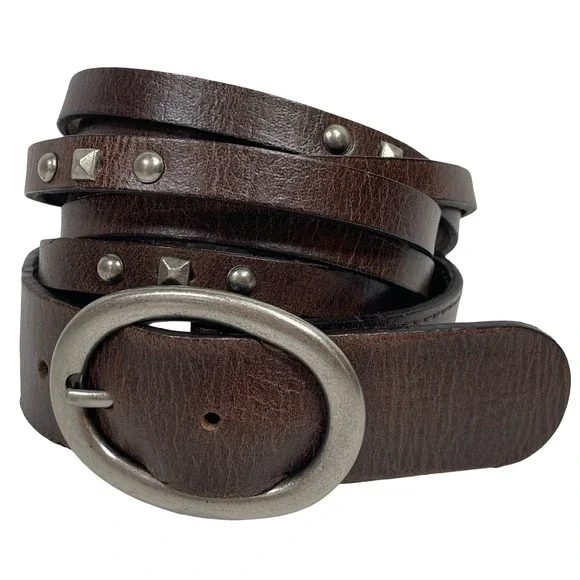 Vintage Genuine Leather Studded Belt Womens L Brown Silver Buckle Boho Western