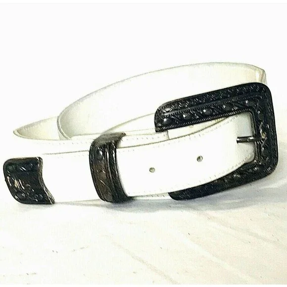 Vintage Skinny Leather Western Belt White 1
