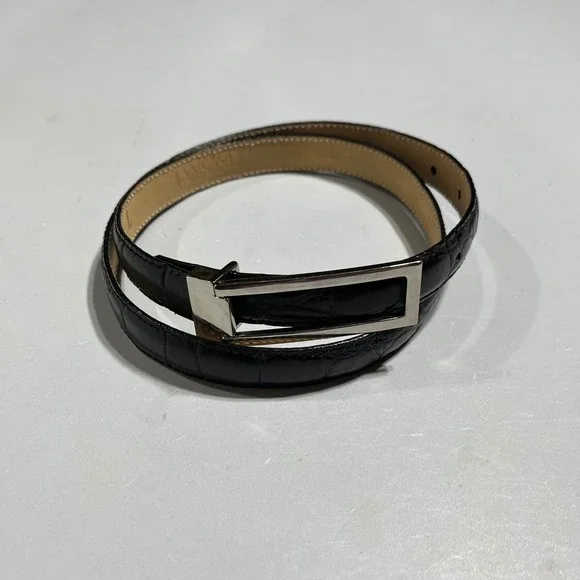 WCM New York Womens Black Genuine Italian Crocodile Leather Belt Silver Buckle L