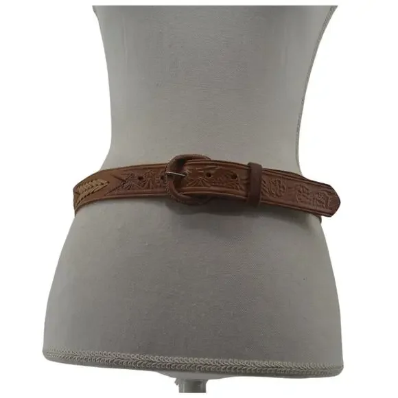 Western Brown Leather Belt Tooled Cowgirl Sz Small Festival