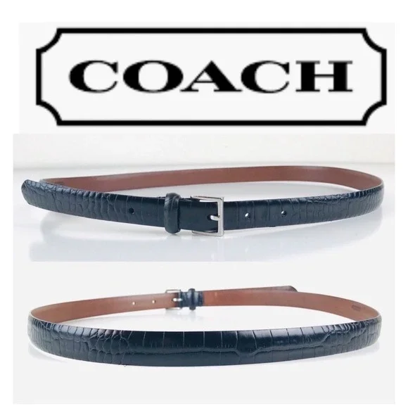 Coach Black Crocodile Embossed Leather Belt 3764 Silver Buckle 32 80cm