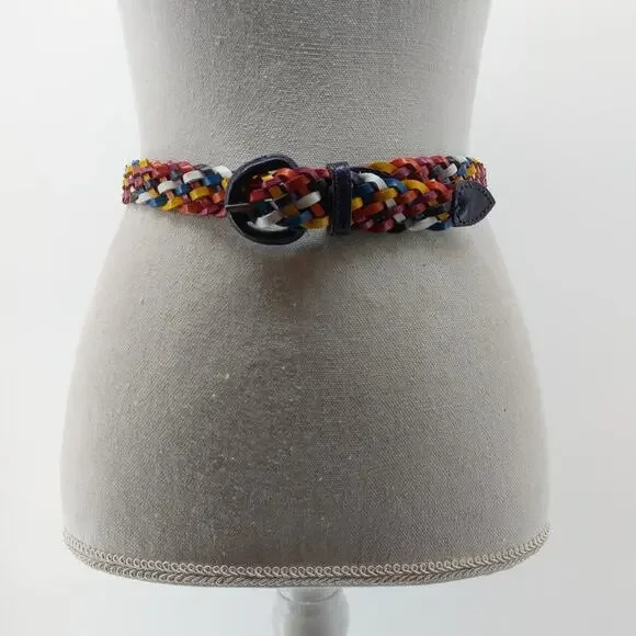 Vintage Women's Braided Woven Weaved Multicolored Genuine Leather Belt Size S